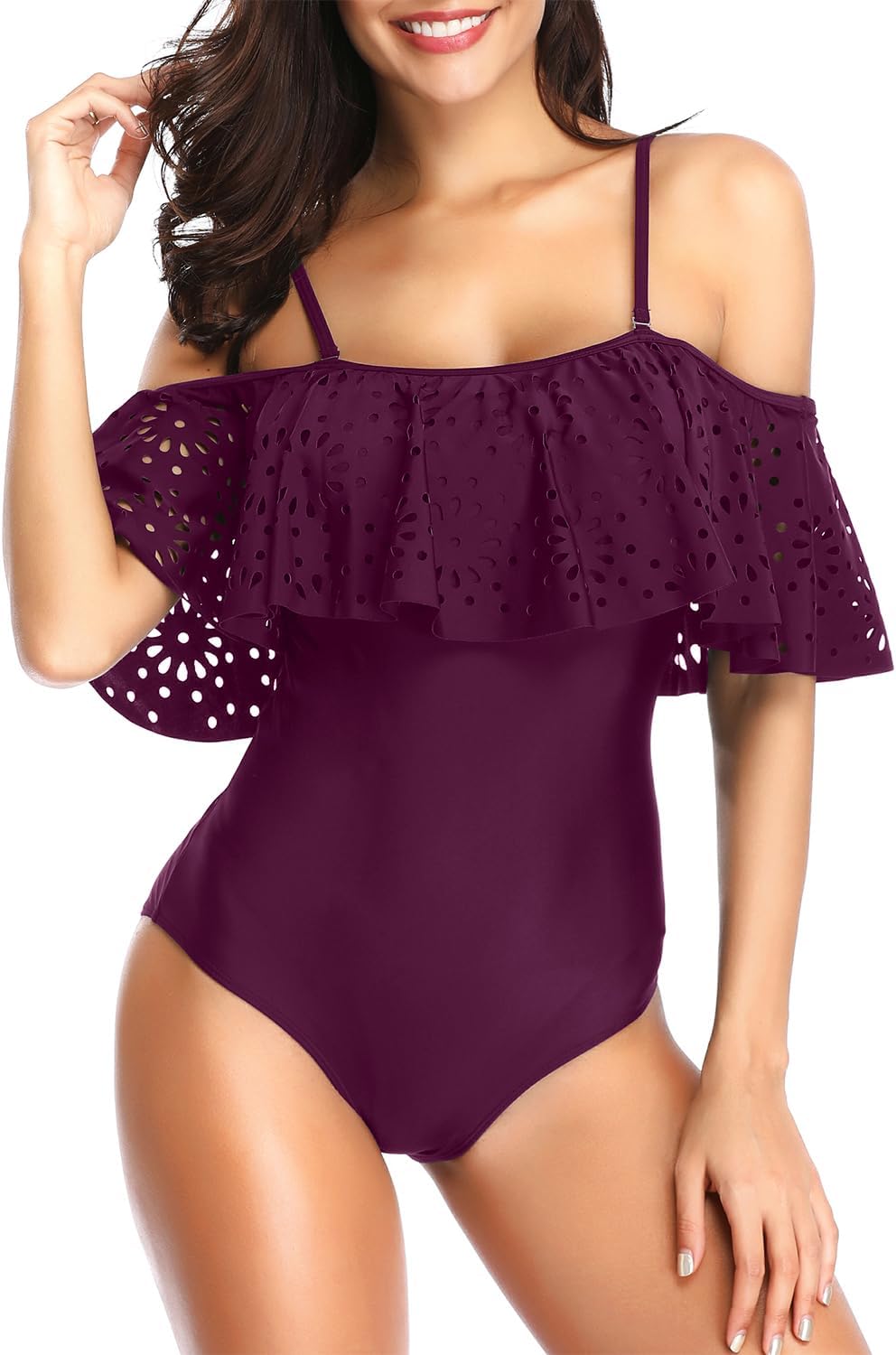 Tempt Me Women One Piece Off Shoulder Lace Swimsuits Ruffle Flounce Hollow Bathing Suits