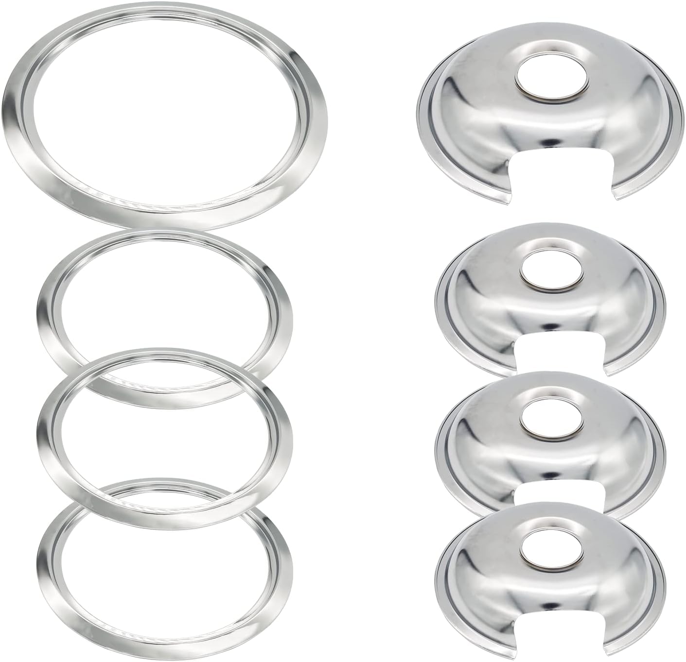 Amazinpure Electric Stove Chrome Drip Pans 1 Large 8'' WB32X10013 & 3 Small 6'' WB32X10012 Gas Stove Burner Drip Pans and Rings for GE Hotpoint & Kenmore