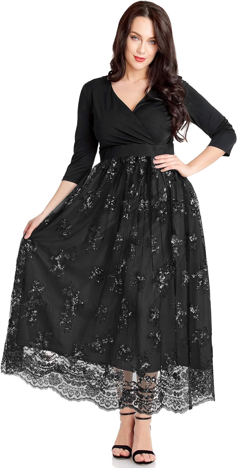 GRAPENT Women's Plus Size Sequin 3/4 Sleeves Evening Gown Party Long Maxi Dress