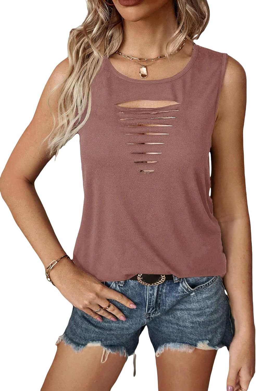 Milumia Women Cut Out Rock Ripped Tank Tops Trendy Going Out Concert Tees Shirts