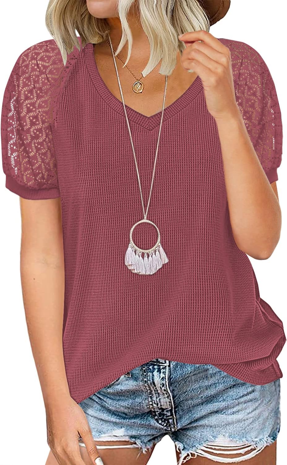 MIHOLL Women's Lace Short Sleeve V Neck Shirts Loose Casual Tops Tee Shirt