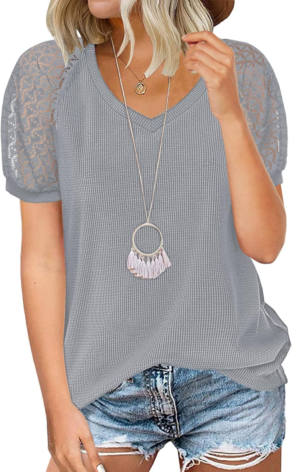 MIHOLL Women's Lace Short Sleeve V Neck Shirts Loose Casual Tops Tee Shirt