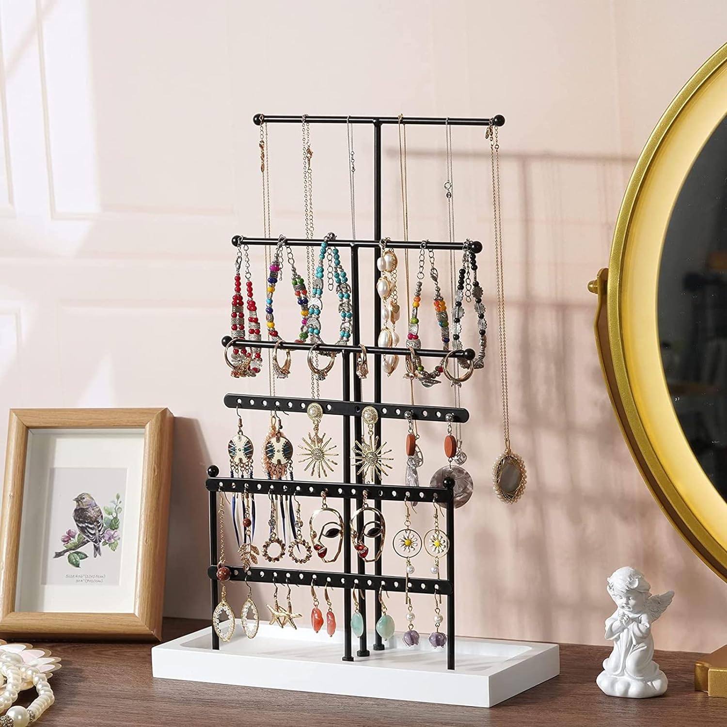 ProJoyJoy Jewelry Organizer Stand Necklace Holder,6 Tier Necklace Tree Holder Removable,Long Necklaces Earrings Bracelets Jewelry Storage Rack with Tray and Holes,Suitable for Dresser (Black)