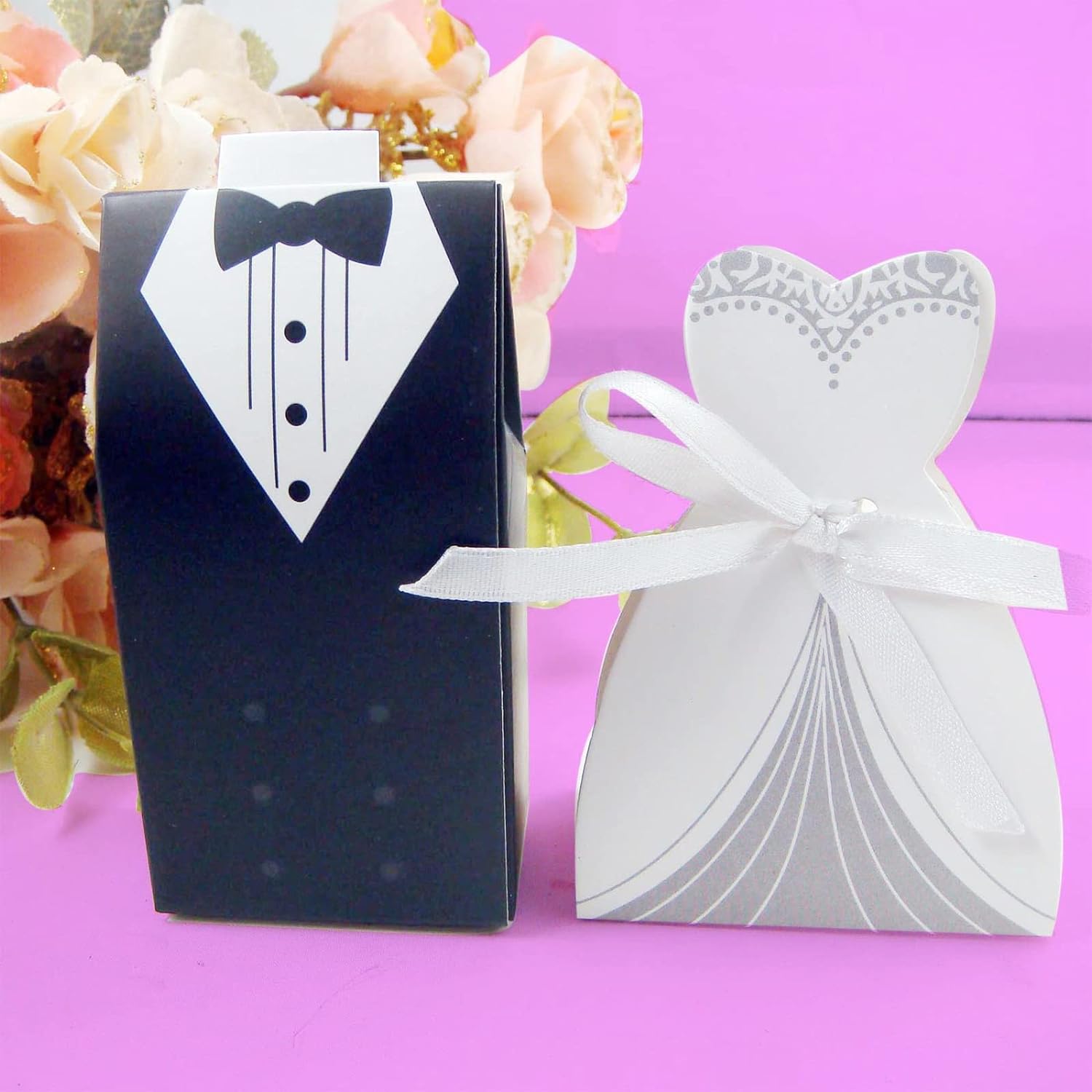 HomeSoGood 100PCS Bride Bridegroom Shape Packing Case, Romantic Wedding Cardboard Candy Boxes, Bride and Groom with Ribbon Gift Bag