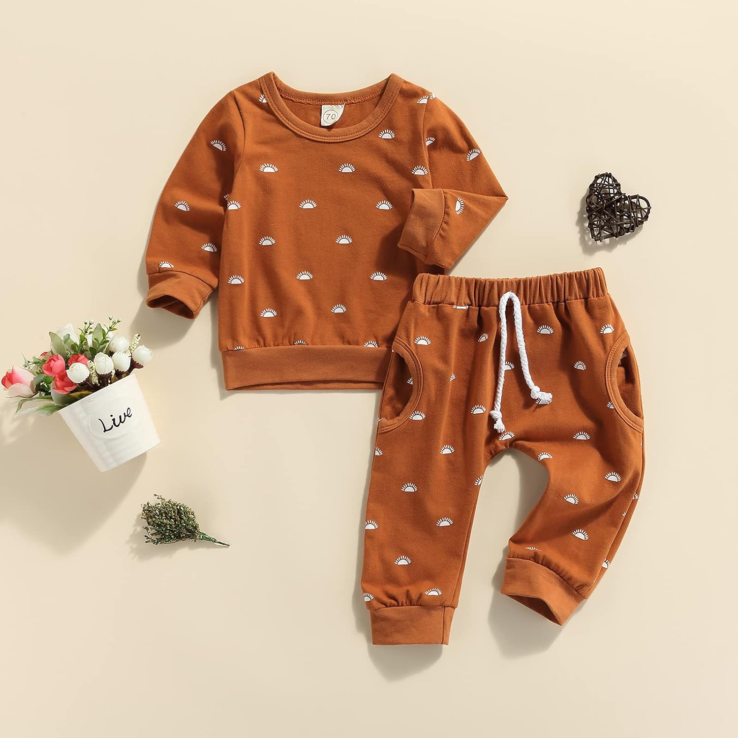 Newborn Baby Boys Clothes Infant Long Sleeve Sweatshirt Tops Pants Set Fall Winter Outfits, Brown Sunrise, 3-6 Months