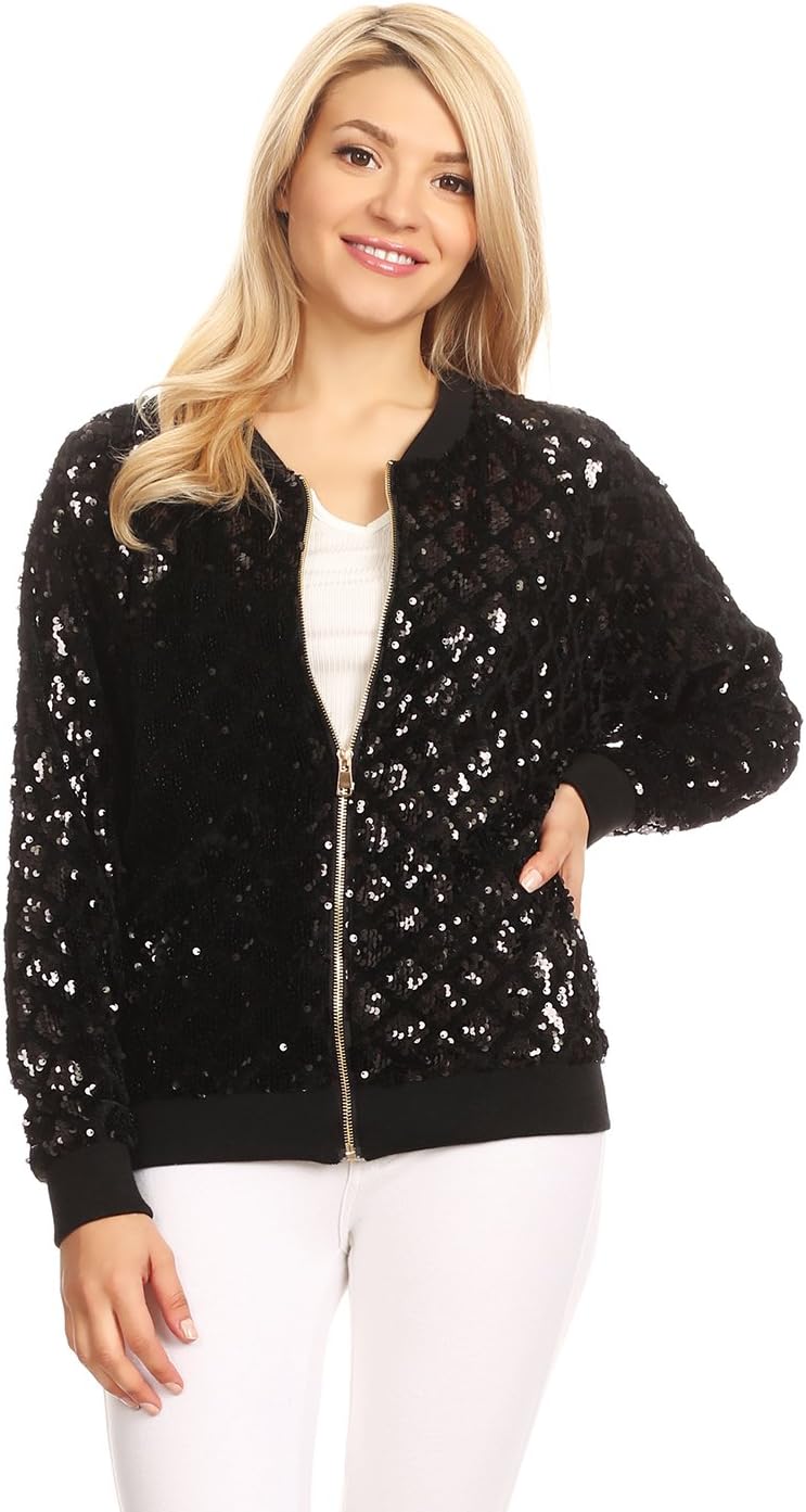 Anna-Kaci Womens Long Sleeve Front Zip Track Stripe Sequin Bomber Jacket