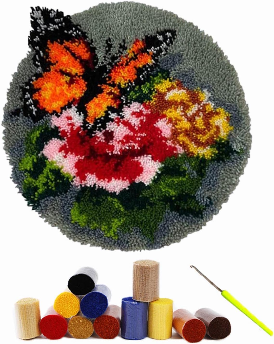 ProJoyJoy Latch Hook Kits for Kids Adults, Rug hooking Kits,Color Printed DIY Carpet Needlework for Home Decoration (Butterfly)
