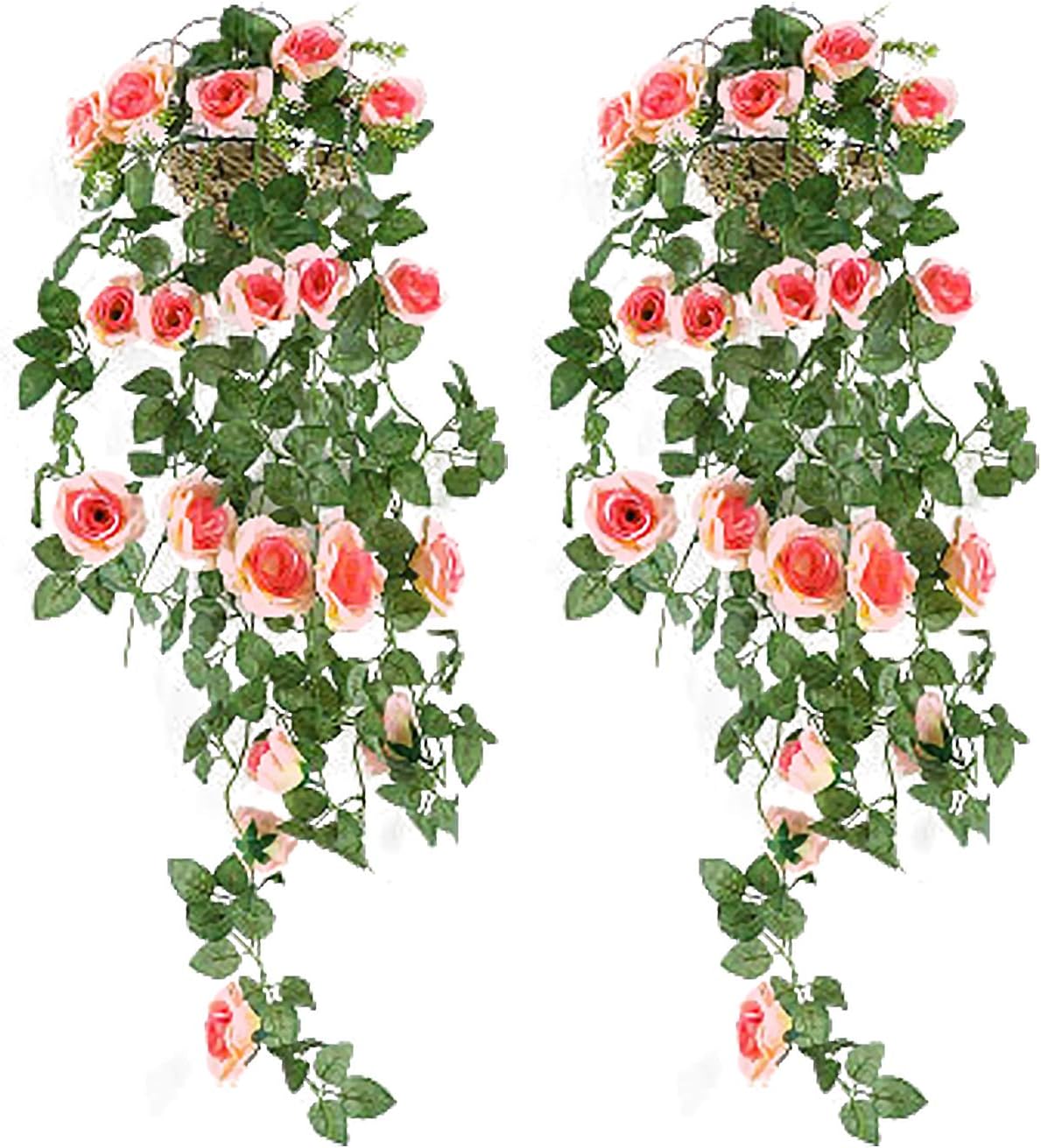 MJARTORIA 2Pack Artificial Rose Flowers Basket Vine Fake Flowers Hanging Plant Wall Home Balcony Basket Decor for Indoor and Outdooor