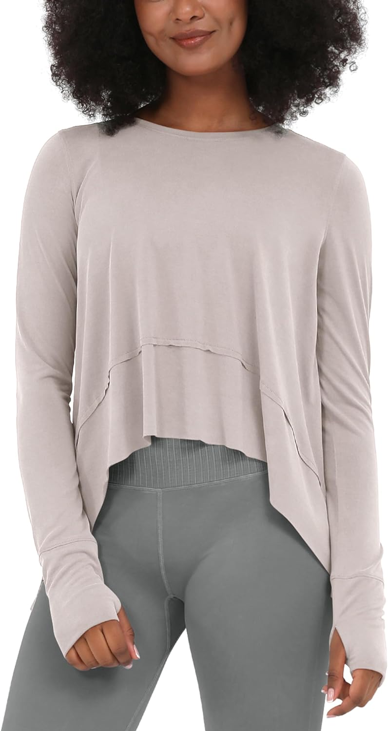 ODODOS Soft Modal Long Sleeve Crop Top for Women with Thumb Hole Athletic Gym Workout Cropped Yoga Shirts