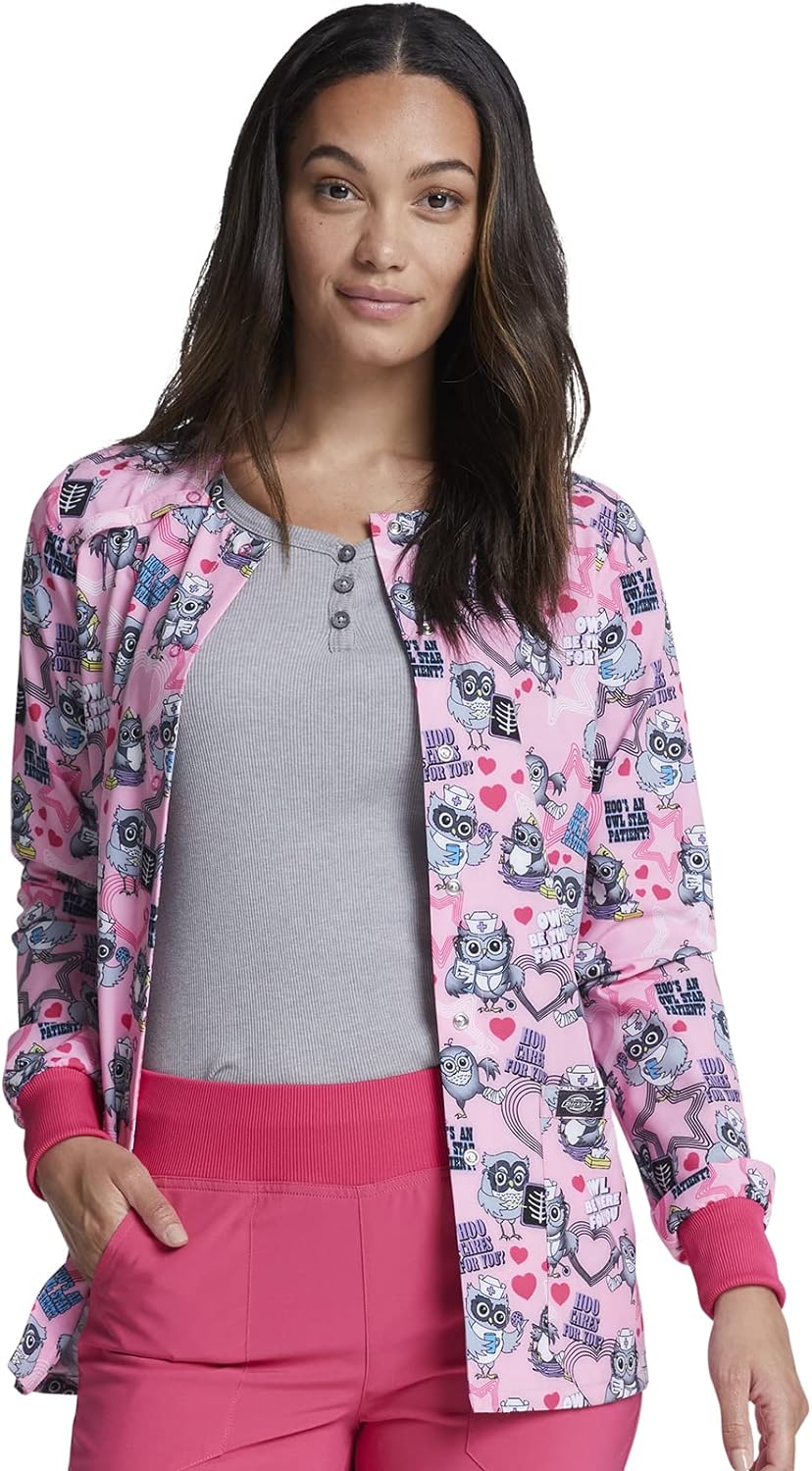 Dickies EDS Women Warm Up Scrubs Jacket Snap Front Plus Size DK309, 4XL, Hoo Cares for You?