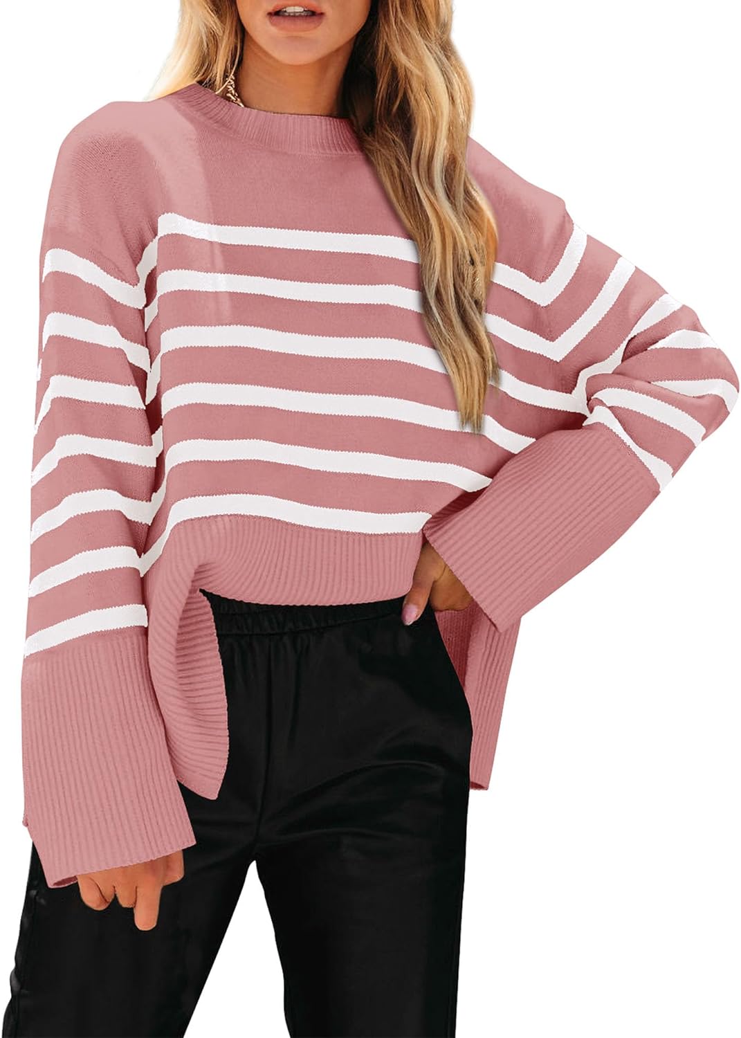 KIRUNDO Women's 2023 Fall Winter Casual Oversized Long Sleeve Striped Sweater Crew Neck Ribbed Knit Side Slit Pullover