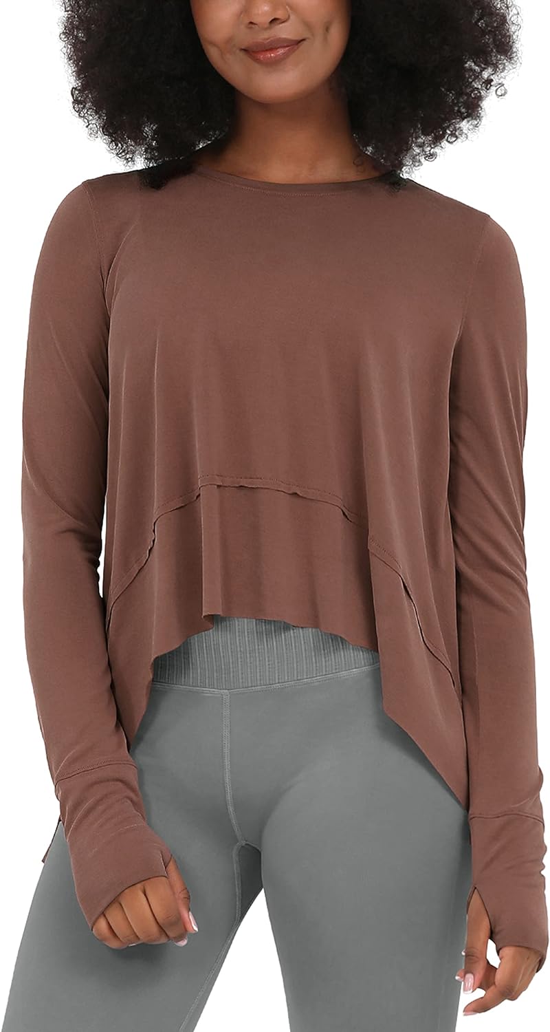 ODODOS Soft Modal Long Sleeve Crop Top for Women with Thumb Hole Athletic Gym Workout Cropped Yoga Shirts