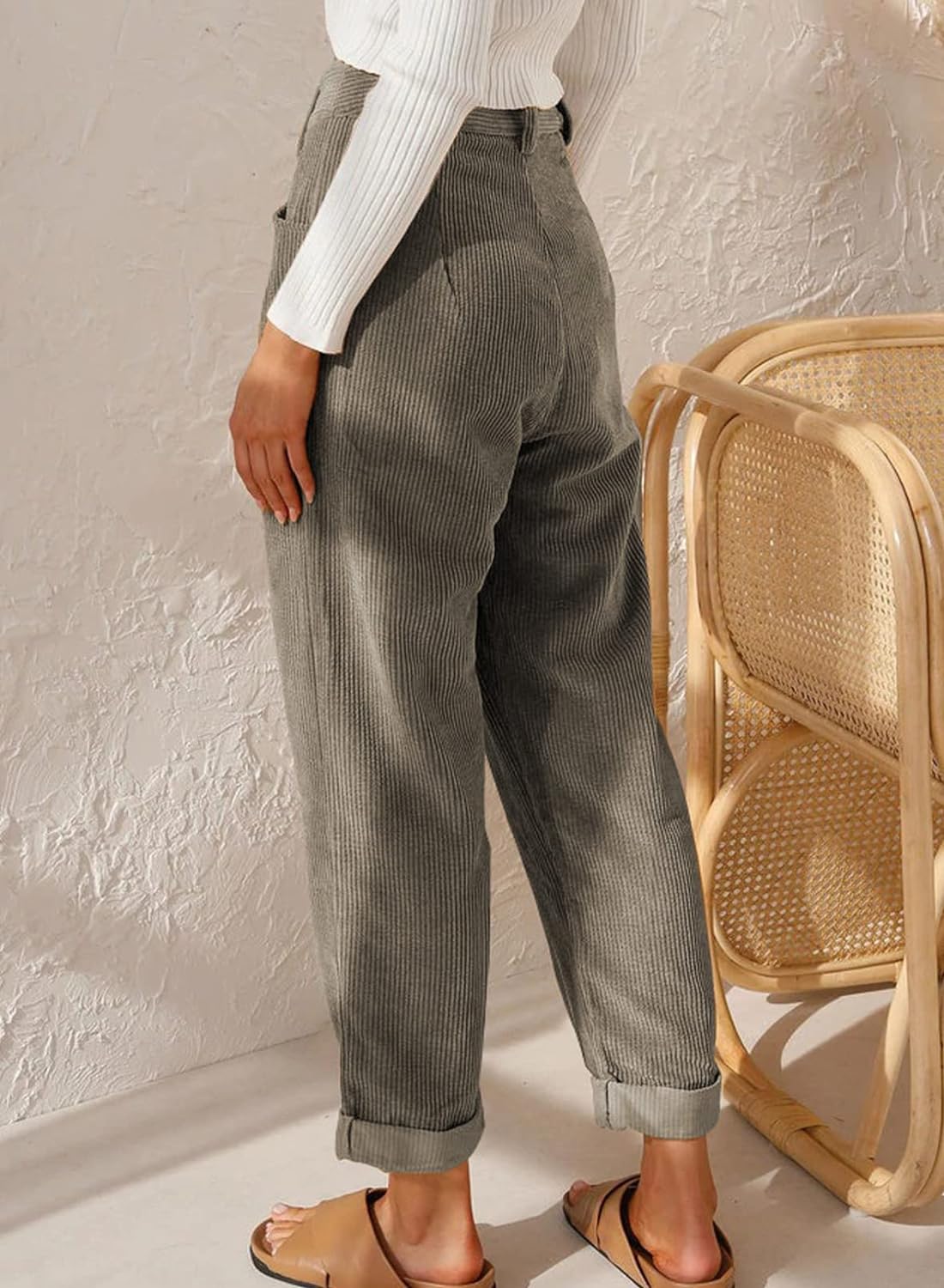 EVALESS Fall Winter Corduroy Pants for Women Fashion 2023 Work Business Casual High Waisted Straight Leg Ankle Cotton Pants Loose Comfy Retro Cropped Trousers with Pockets Khaki03 Size US 16, A