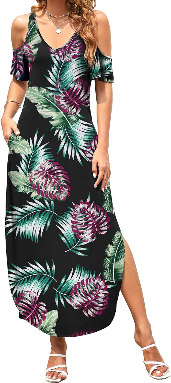 HUSKARY Women's Summer Maxi Dresses V Neck Cold Shoulder Short Sleeve Casual Loose Long Split Dress with Pocket