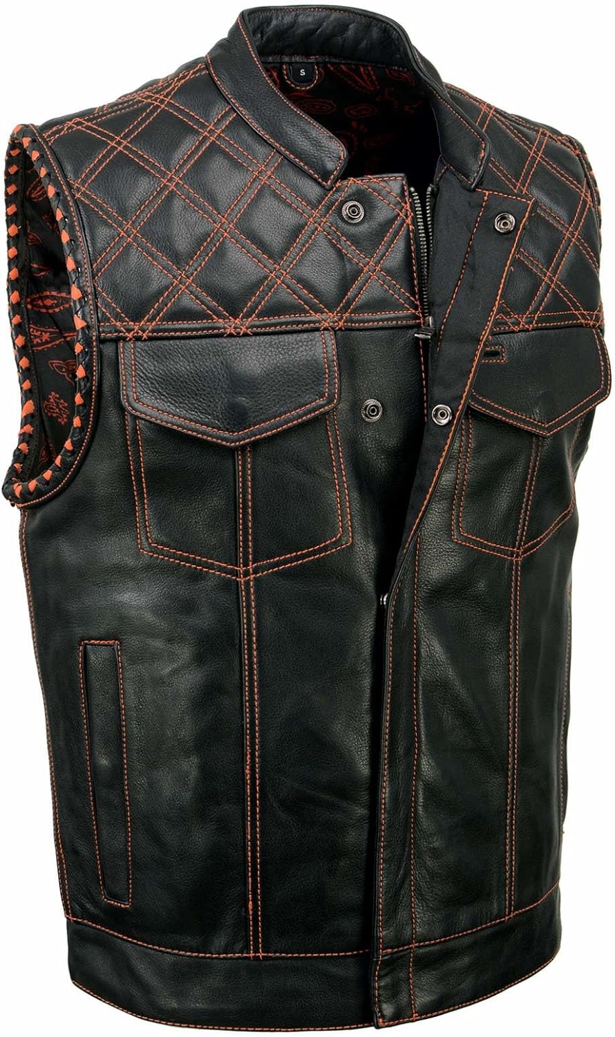 Milwaukee Leather Mens Mlm3527-bkorg MLM3527 Men's Black Orange Stitching Leather Vest (pack of 1)