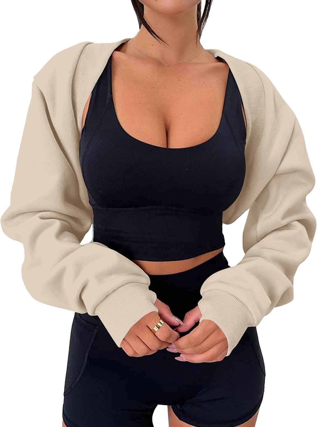 MISSACTIVER Women's Long Sleeve with Thumb Hole Bolero Shrug Top Open Front Fleece Loose Fit Cropped Shawl Sweatshirt Workout