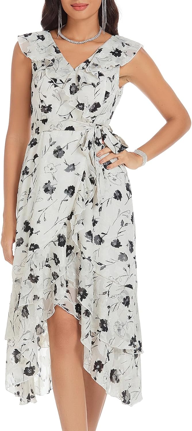 GRACE KARIN Women's Summer Bridesmaid Dresses for Wedding V Neck Ruffle Party Cocktail Dresses Chiffon Flowy Wrap Dress