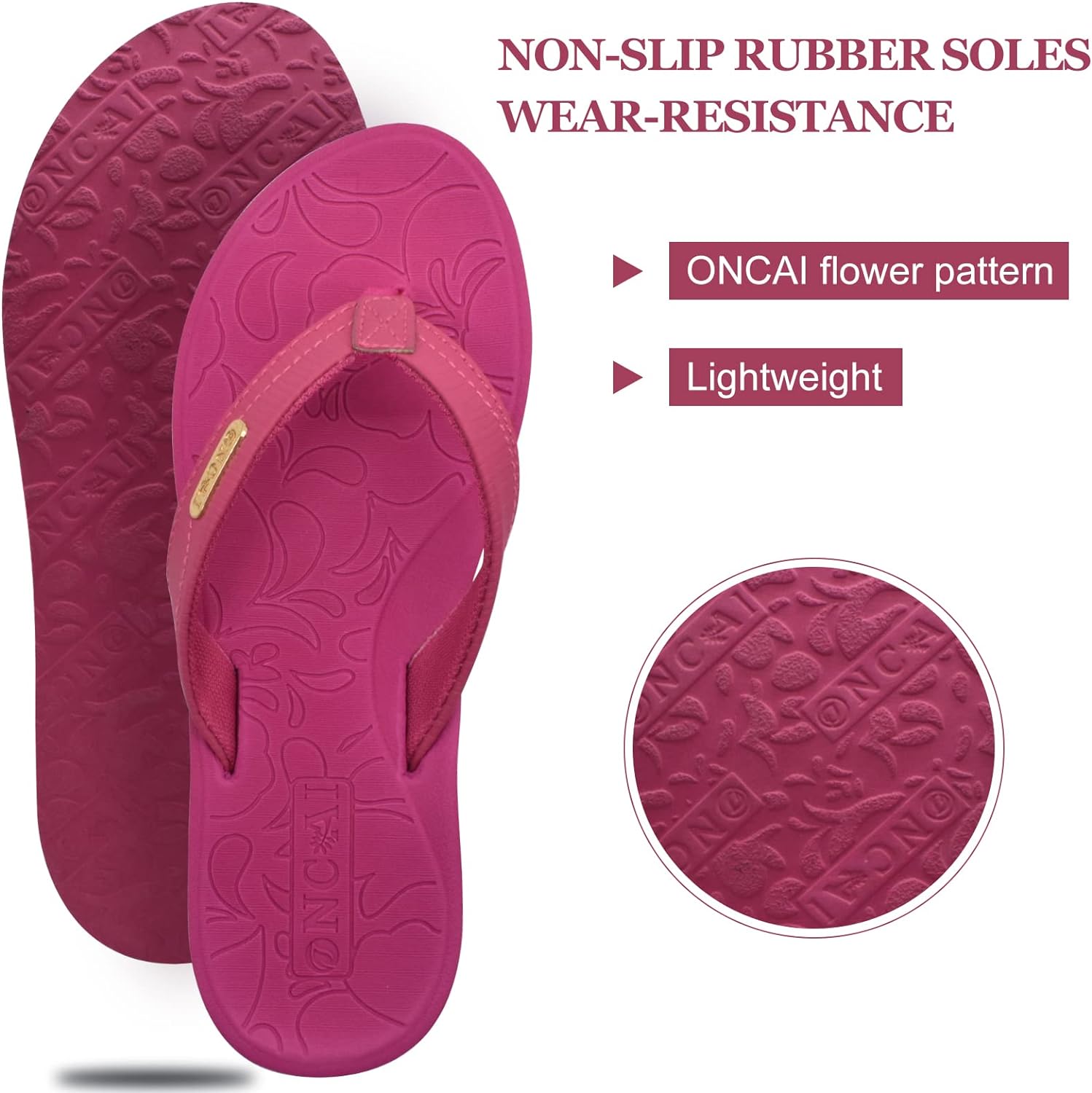 ONCAI Flip Flops For Women Yoga Mat Comfortable Beach Thong Sandals With Arch Support, Hot Pink, 7