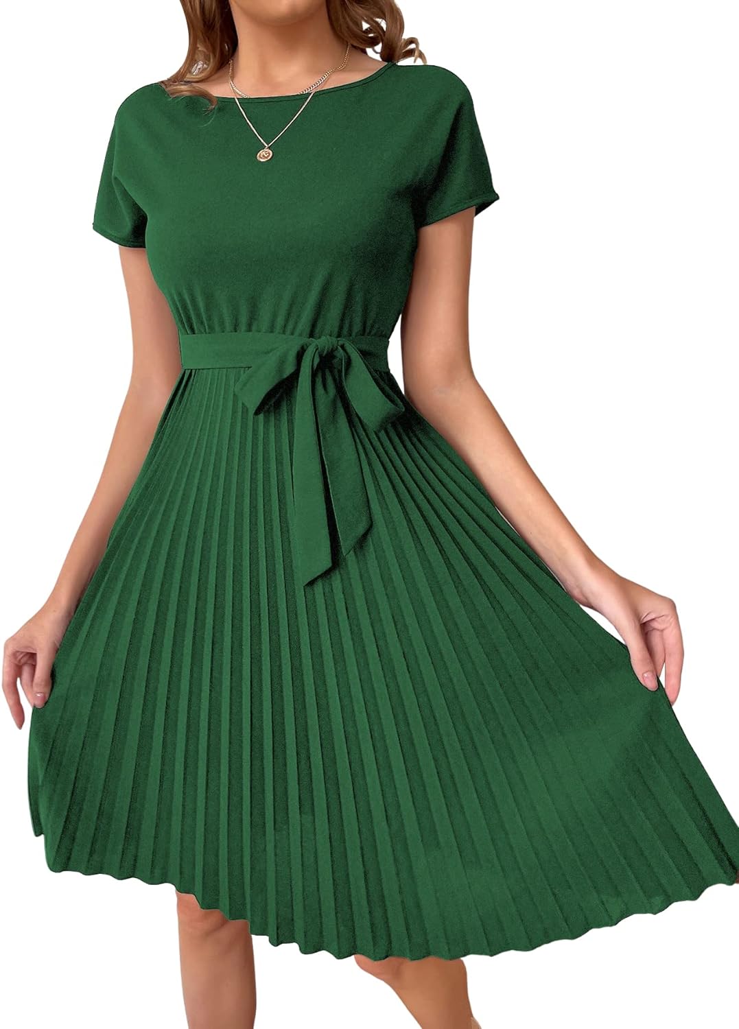 Verdusa Women's Elegant Pleated Short Sleeve High Waist Belted A Line Short Dress