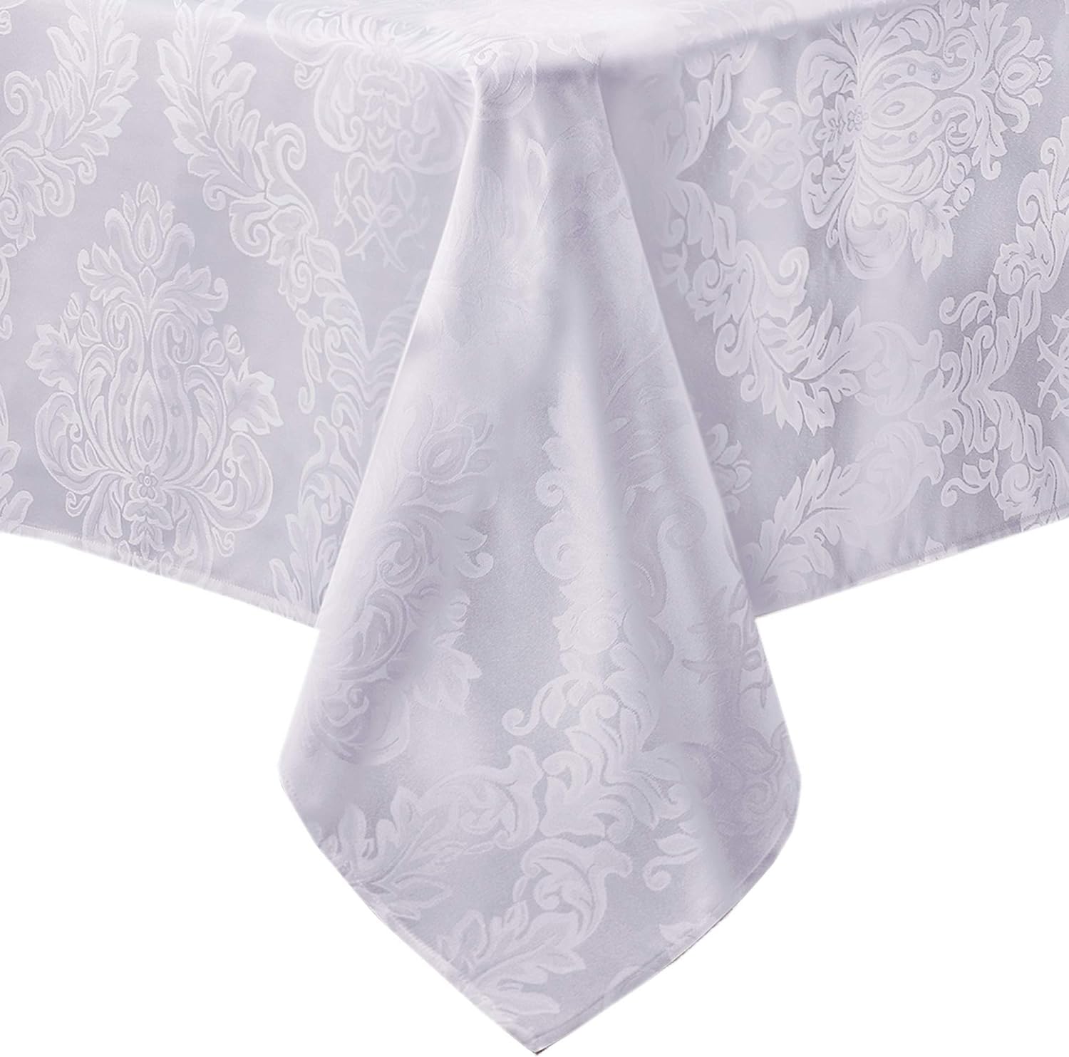 Newbridge Barcelona Luxury Damask Fabric Tablecloth, 100% Polyester, No Iron, Soil Resistant Dining Room, Party and Banquet Tablecloth, 70” Extra Wide x 144” Oblong/Rectangle, White