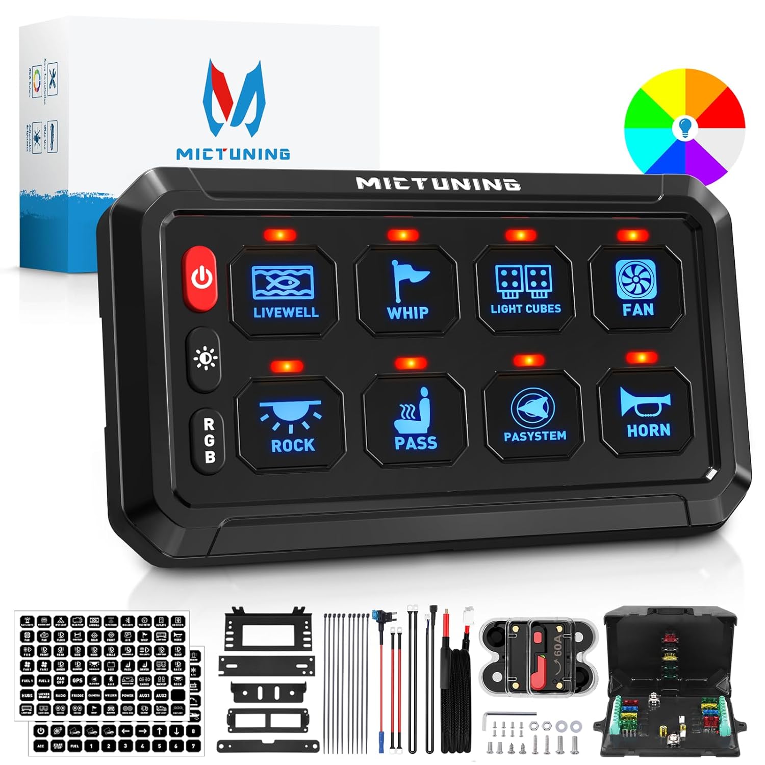 MICTUNING P1s RGB 5.5 Inch 12 Gang Switch Panel, 3 Silicon Button with 5-Level Brightness Multifunction Toggle Switch Momentary Circuit Control Relay System Box for Truck RV Offroad, Patent Pending