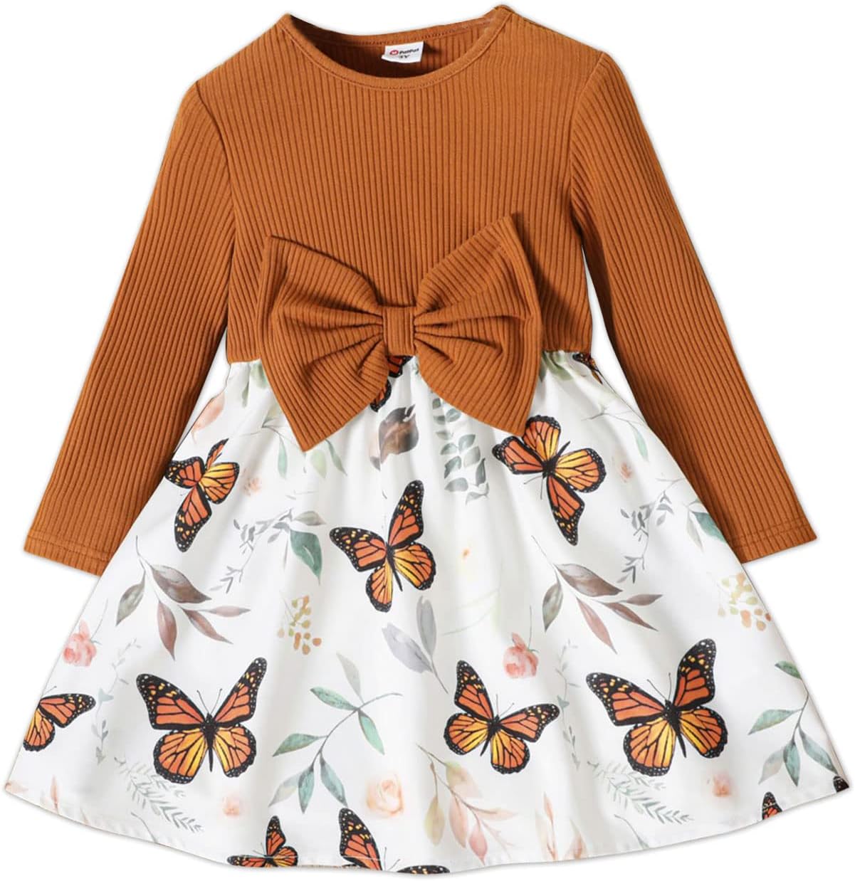 PATPAT Baby Toddler Floral Print Bowknot Dress Colorblock Round Neck Long Sleeves Fall Dress for Girls