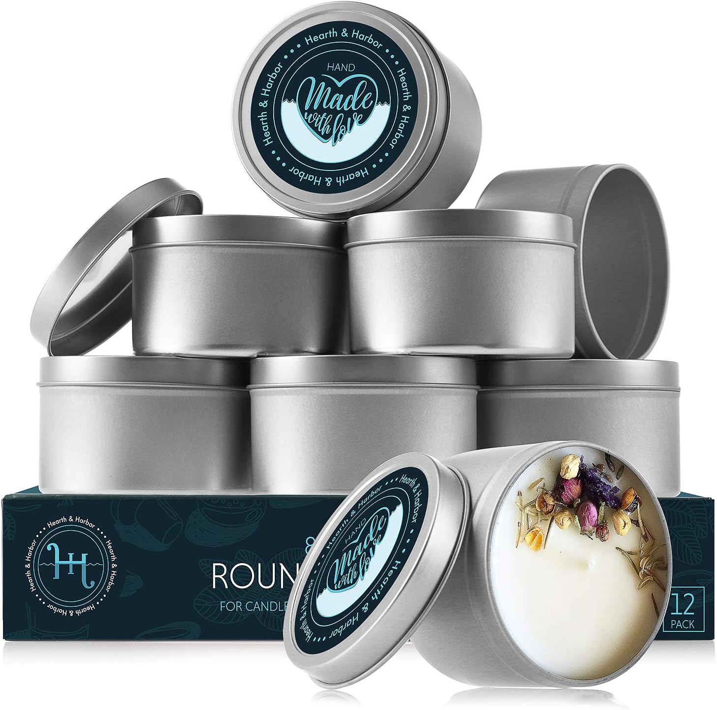 Hearth & Harbor Tin Candle Jars for Making Candles - DIY Candle Containers with Lids - Metal Candle Jars - Bulk Tins Storage for Candle - (12 Pieces) - (8 Ounces) - Stainless Steel