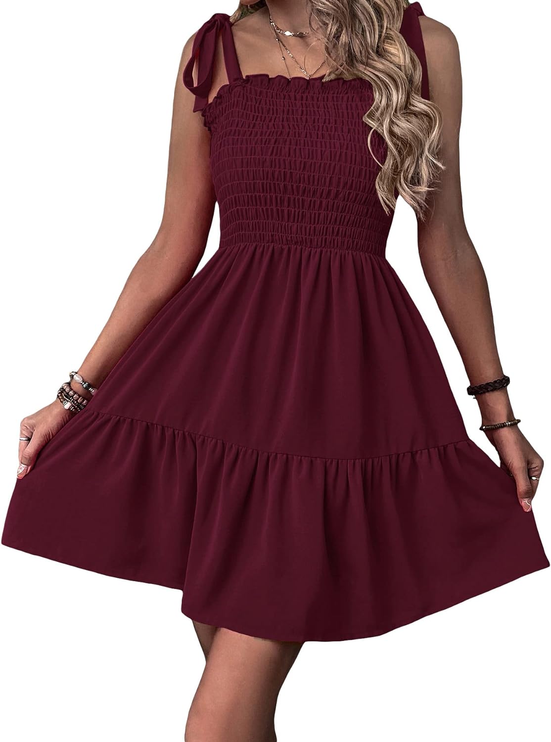 Milumia Vestido corto acampanado con volantes fruncidos y hombros para mujer