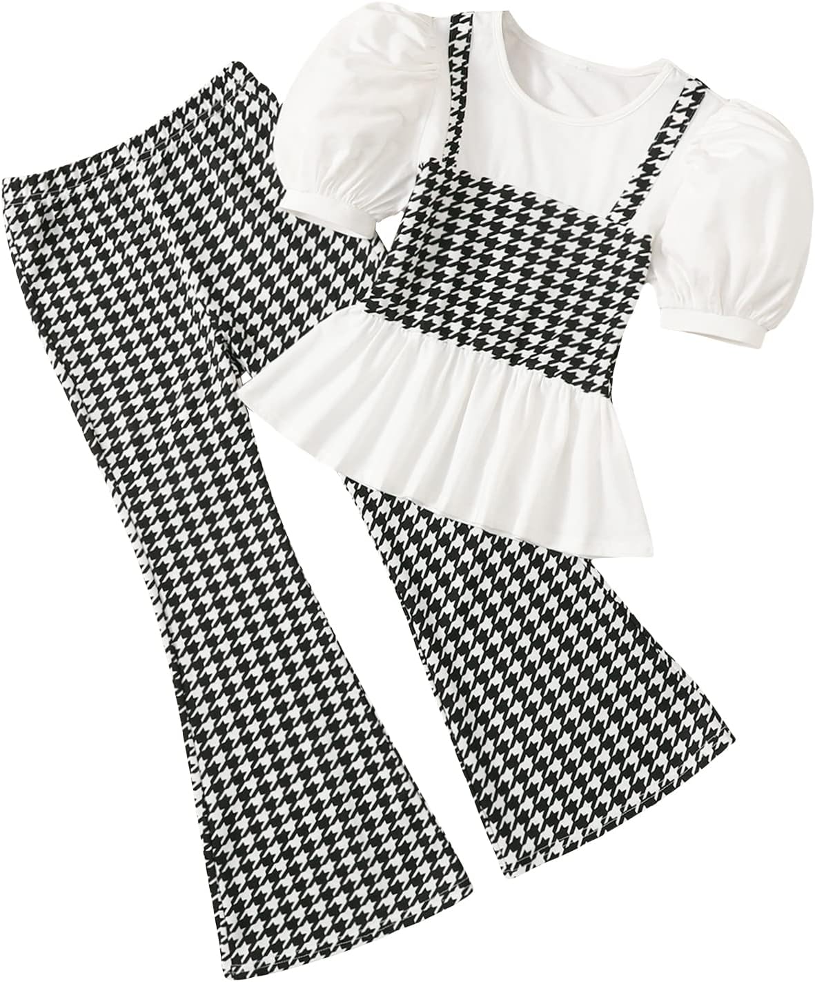 Milumia Girl's Two Piece Outfits Houndstooth Puff Sleeve Tee and Flare Pants Set