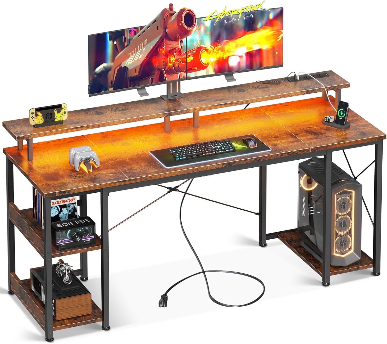 ODK 48 inch Gaming Desk with LED Lights & Power Outlets, Computer Desk with Monitor Stand & Storage Sheves, CPU Stand, Home Office Desk, White