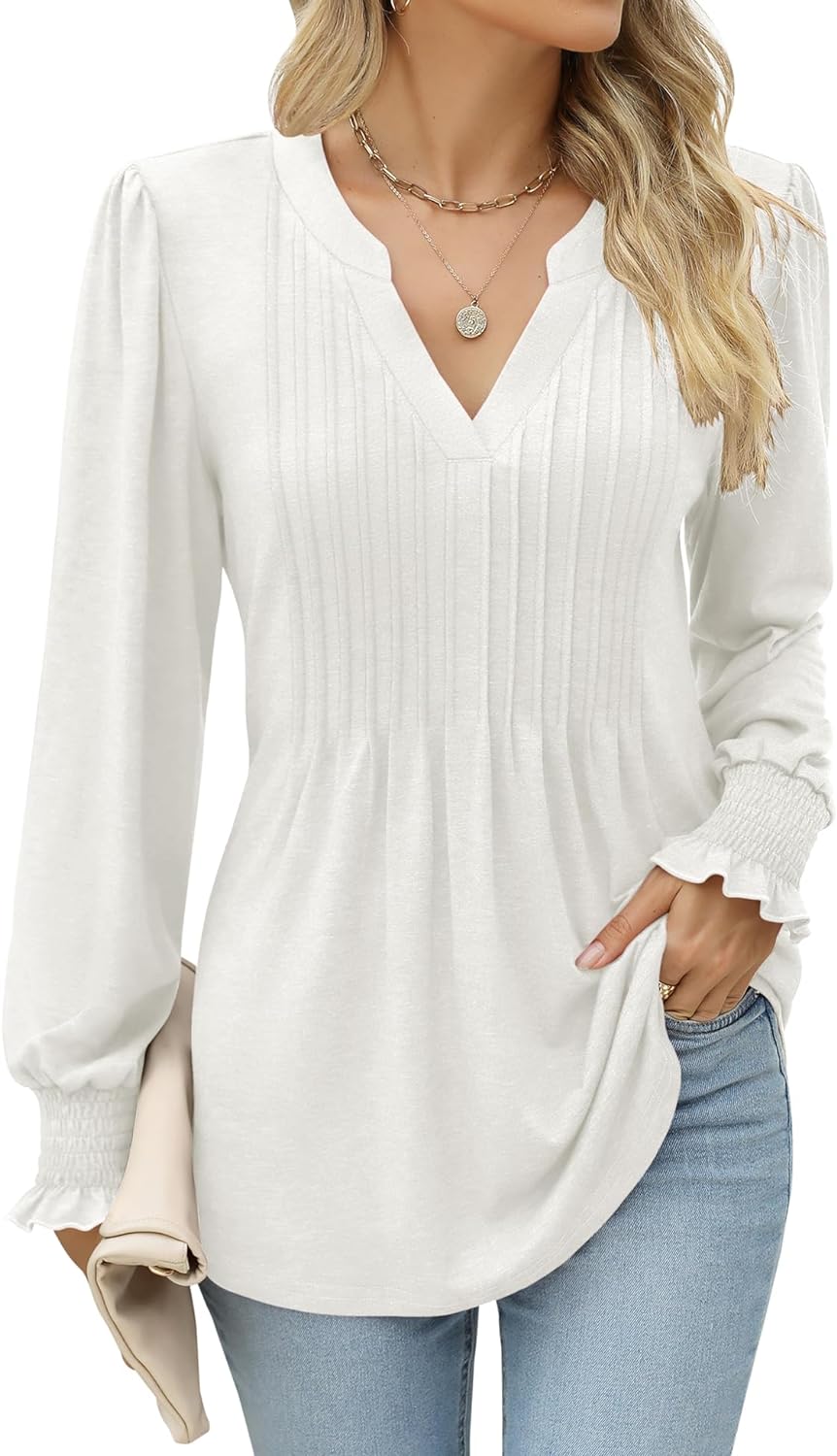 LOMON Long Sleeve Blouses for Women Fall Smocked Tunic Tops Fashion V Neck Shirts Casual Loose Pleated T-Shirts