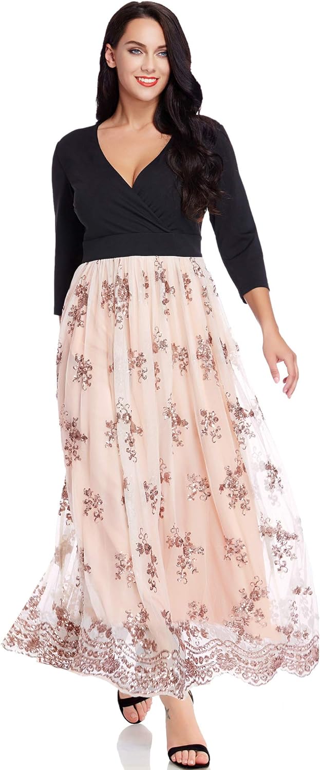 GRAPENT Women's Plus Size Sequin 3/4 Sleeves Evening Gown Party Long Maxi Dress