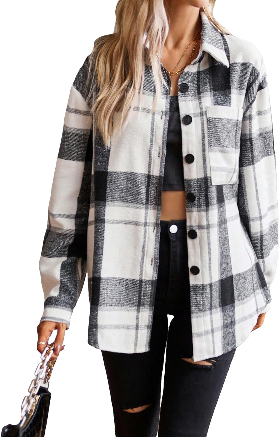 Floerns Women's Casual Long Sleeve Button Down Plaid Shirt Blouse Top