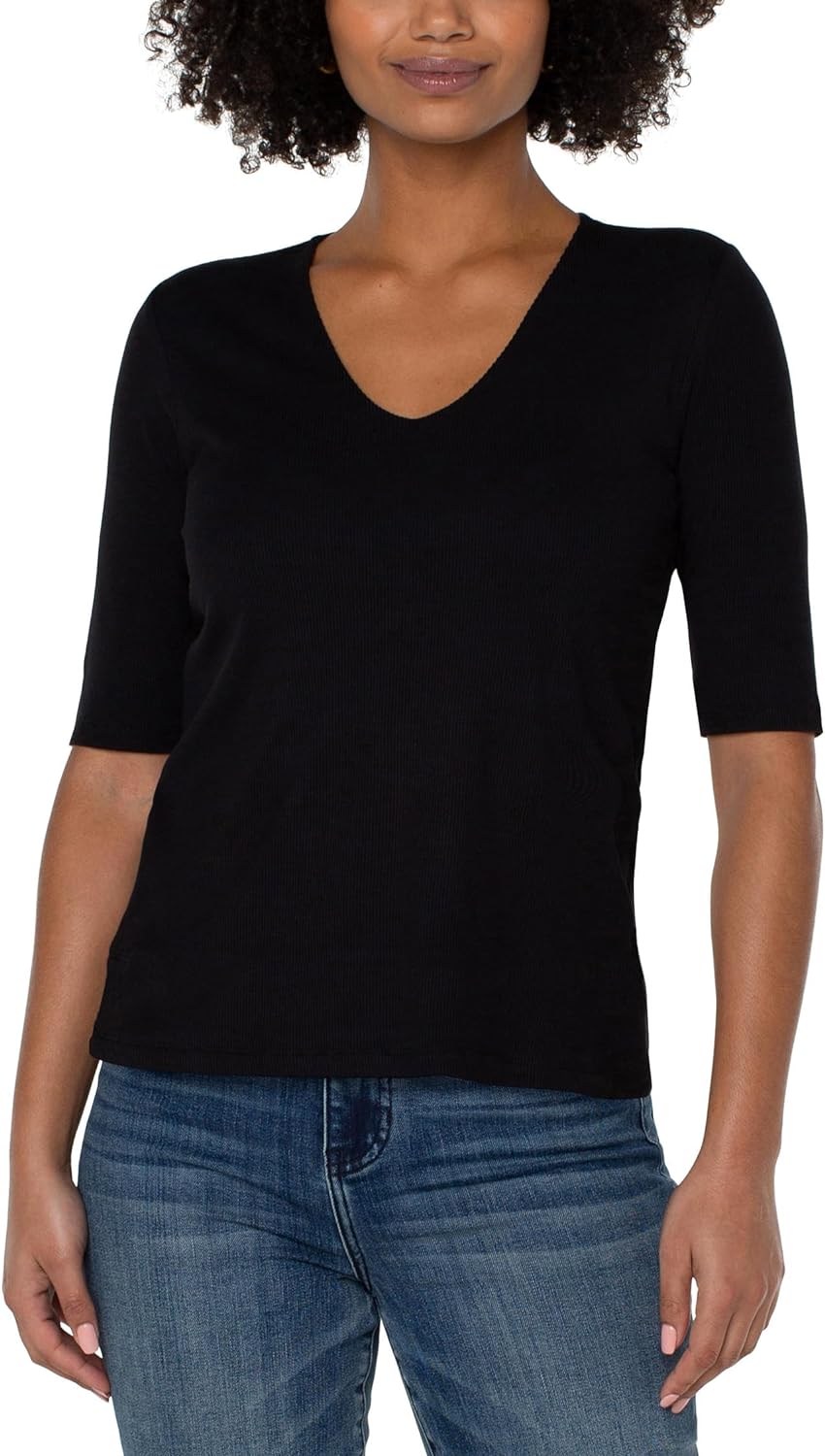 Liverpool Women's Double Layer V-Neck 1/2 Sleeve Rib Knit Top