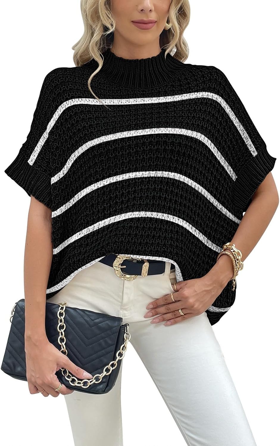 Pink Queen Women's 2023 Fall Mock Neck Sweater Vest Batwing Short Sleeve Oversized Chunky Knit Pullover Jumper Tops