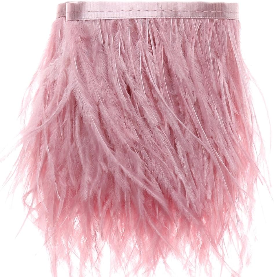 Ostrich Feathers Trims Fringe with Satin Ribbon Tape - for Dress Sewing Crafts Costumes Decoration Pack of 2 Yards(Pink)