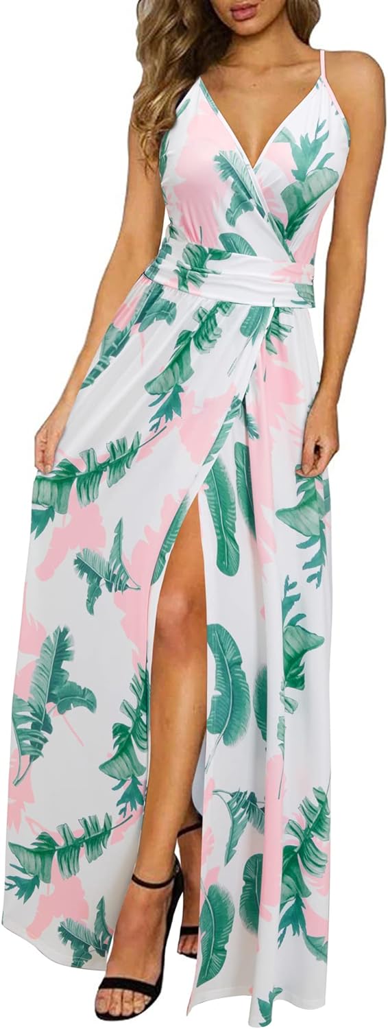 Newshows Women's Summer V Neck Spaghetti Strap Floral Sleeveless Casual Split Long Maxi Dress