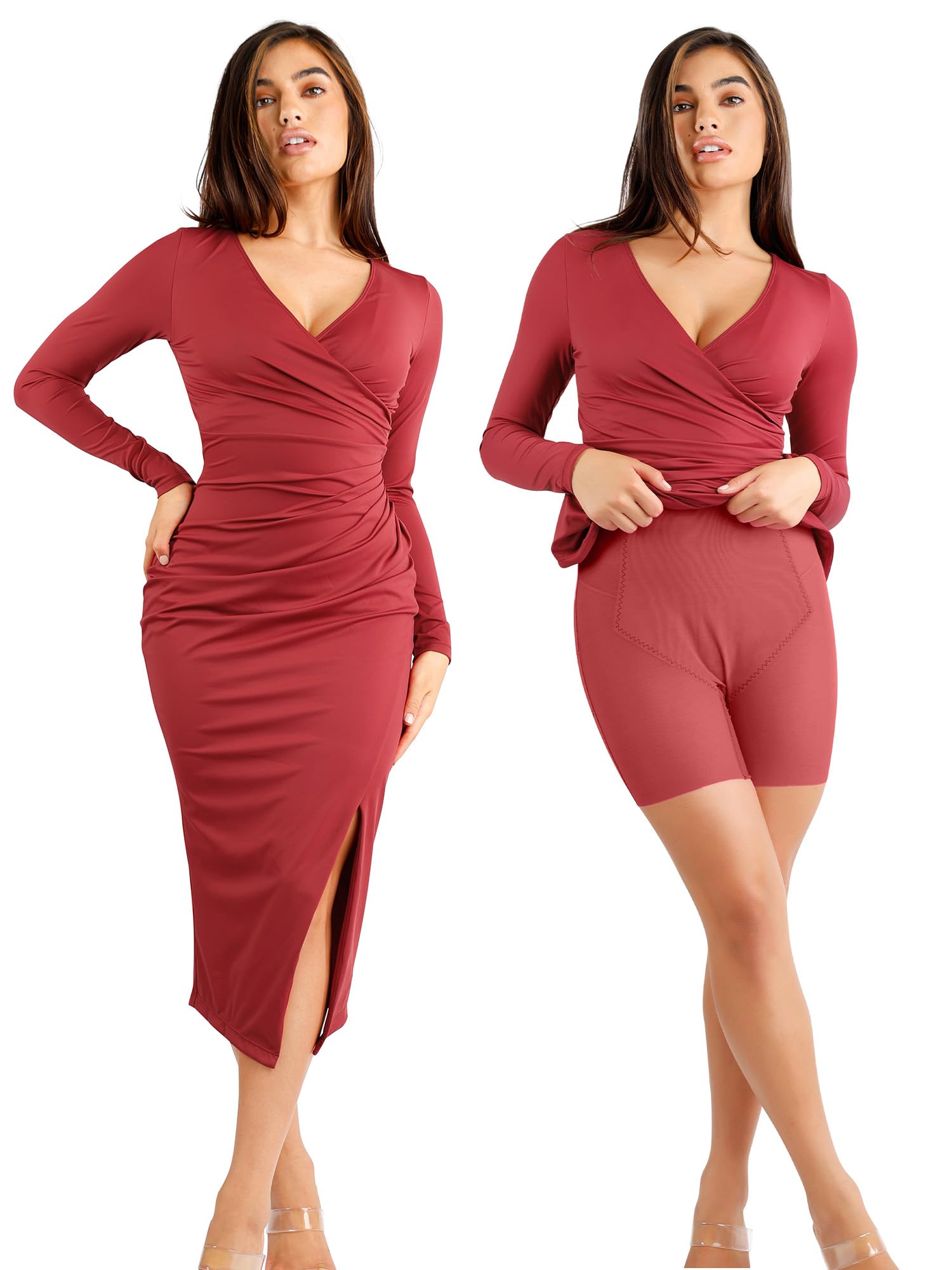 Popilush Shapewear Dress Formal Ruched Dress for Women with Built in Shapewear Bodycon Midi Dresses for Women 2023