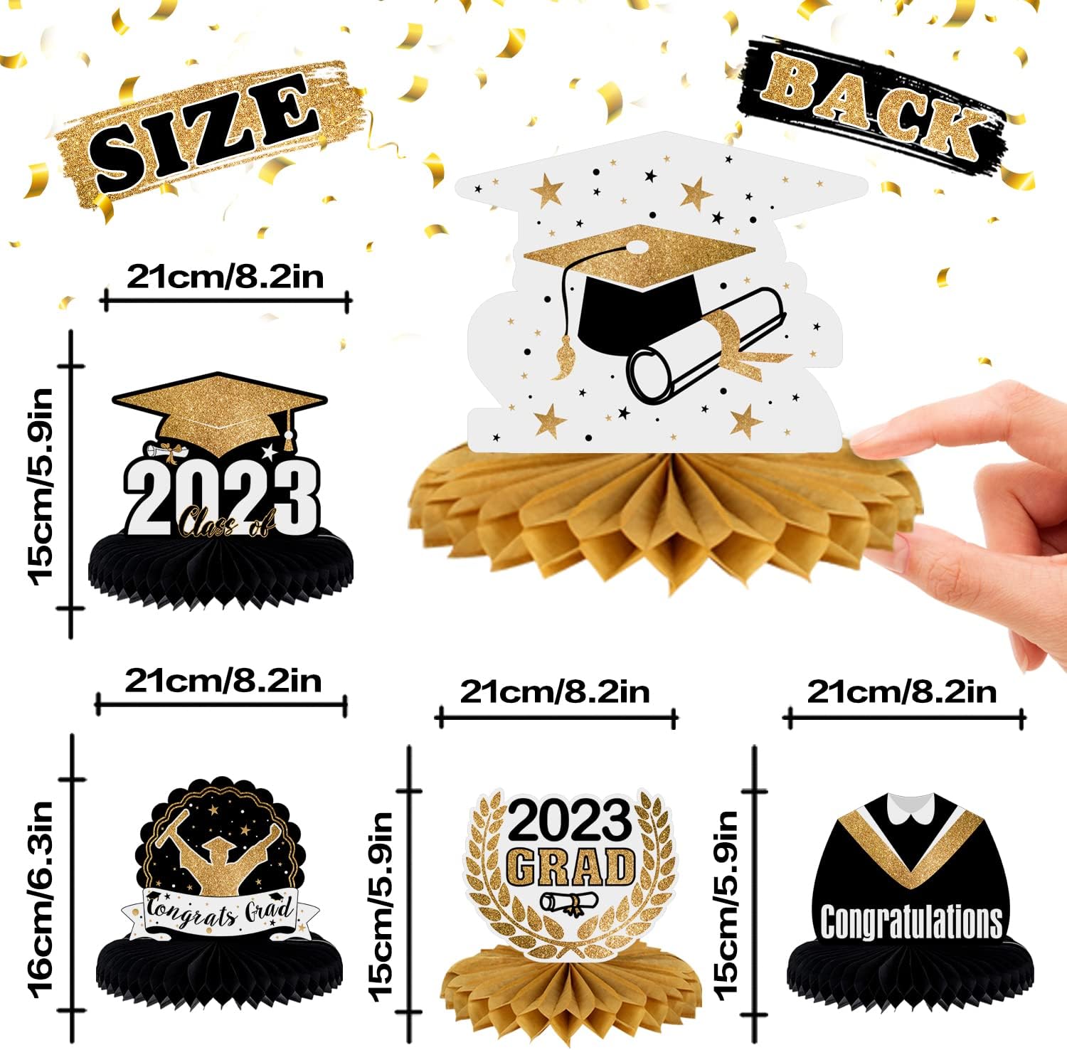 LINGTEER Congrats Grad,Class of 2023 Graduation Table Honeycomb Centerpieces - 8 pcs 2023 Graduation Party Decorations Sign - Gold.