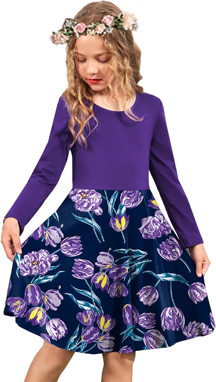 Arshiner Girls Long Sleeve Stretchy Dress A line Twirly Skater Casual Stretchy Dress