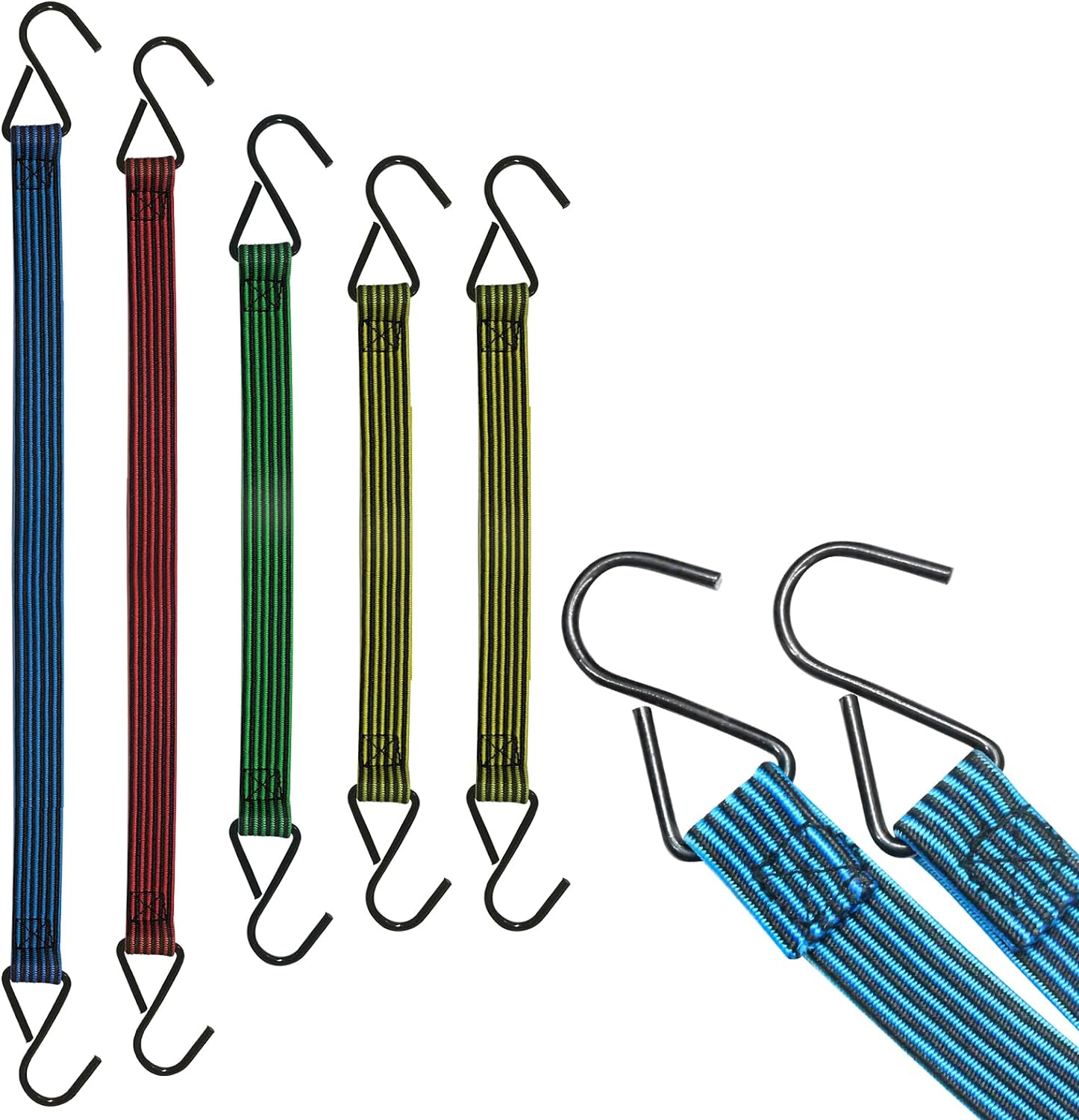 OneNine 5PCS Flat Bungee Cord Set, (Widen and Thicken) Elastic Straps with Hooks, Heavy-Duty Cord for Camping, Tarps, Bike Rack, Tent, Truck, etc