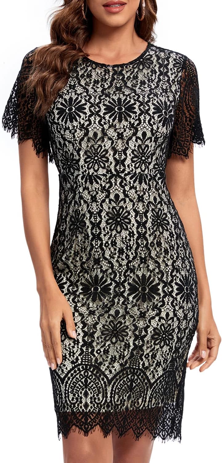 MSLG Women's Elegant Floral Lace Round Neck Short Sleeves Cocktail Party Bodycon Knee Length Dress 931