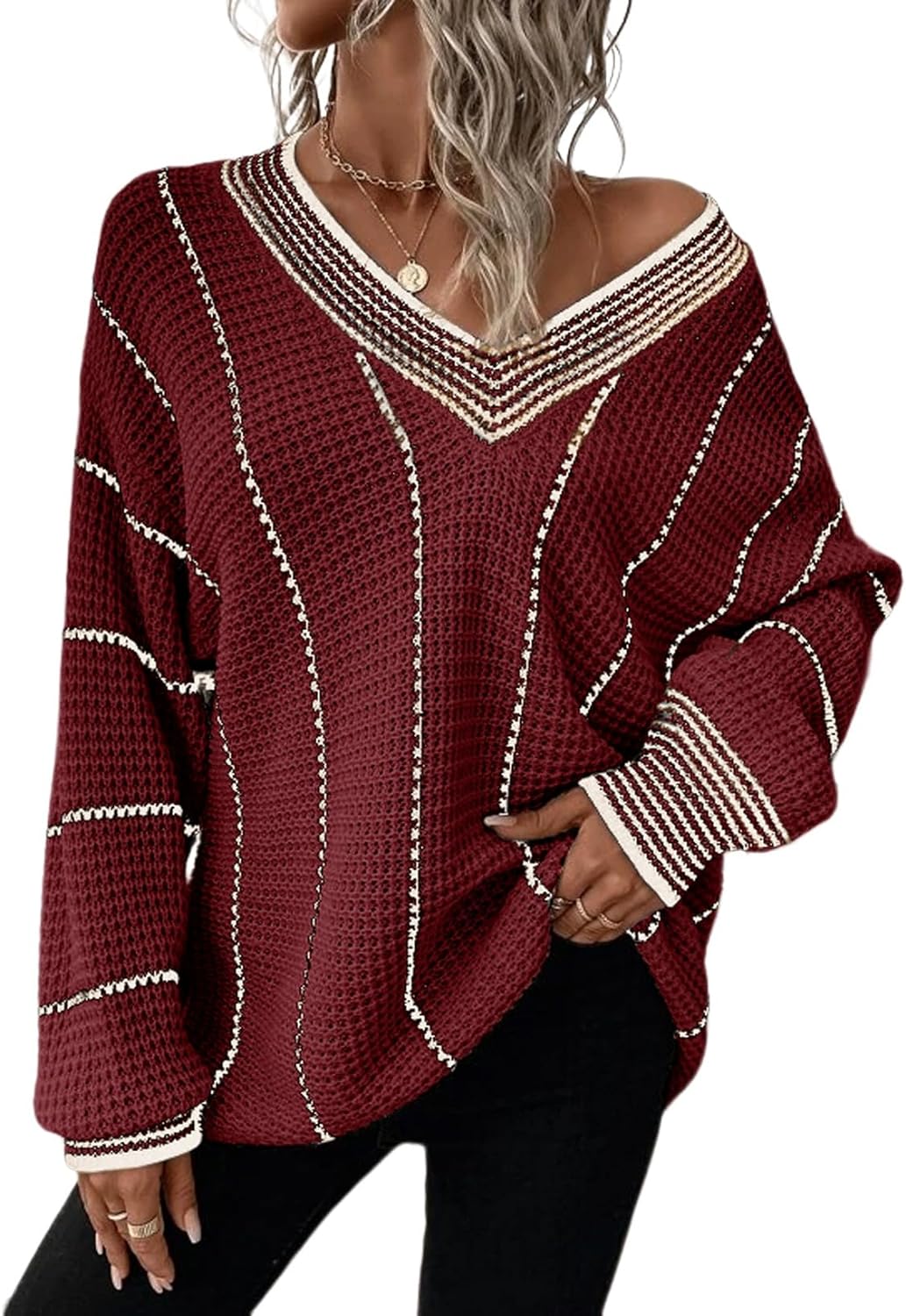 AlvaQ Women Winter Long Sleeve V Neck Color Block Striped Sweater Casual Oversized Pullover Knitted Jumper Tops