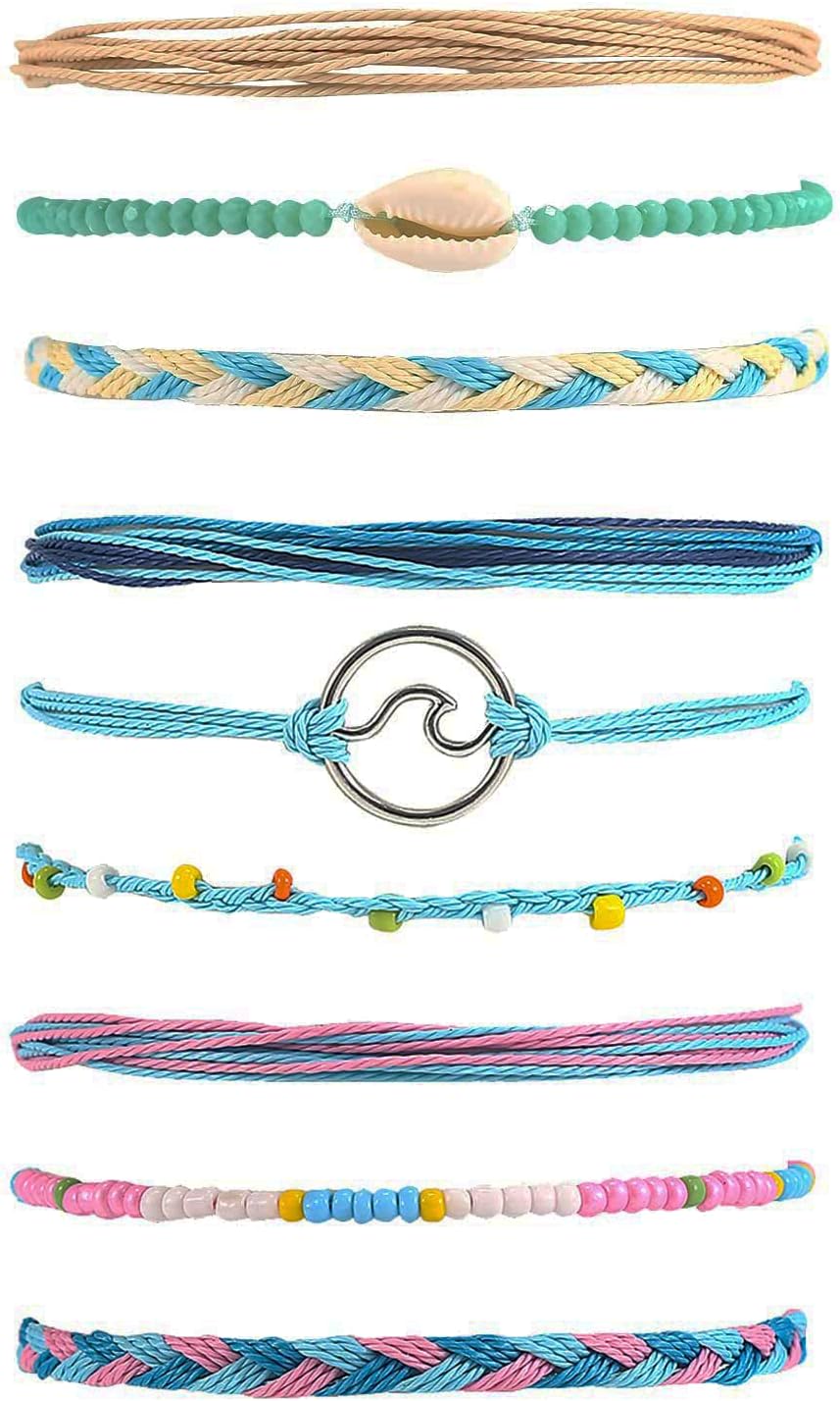 9Pcs Surfer Wave Bracelets Summer Beach Bracelets for Teen Girls Adjustable Waterproof Handmade Bracelets Braided String Bracelets Friendship Bracelets Boho Wave Anklet Bracelets for Women Teen Girls