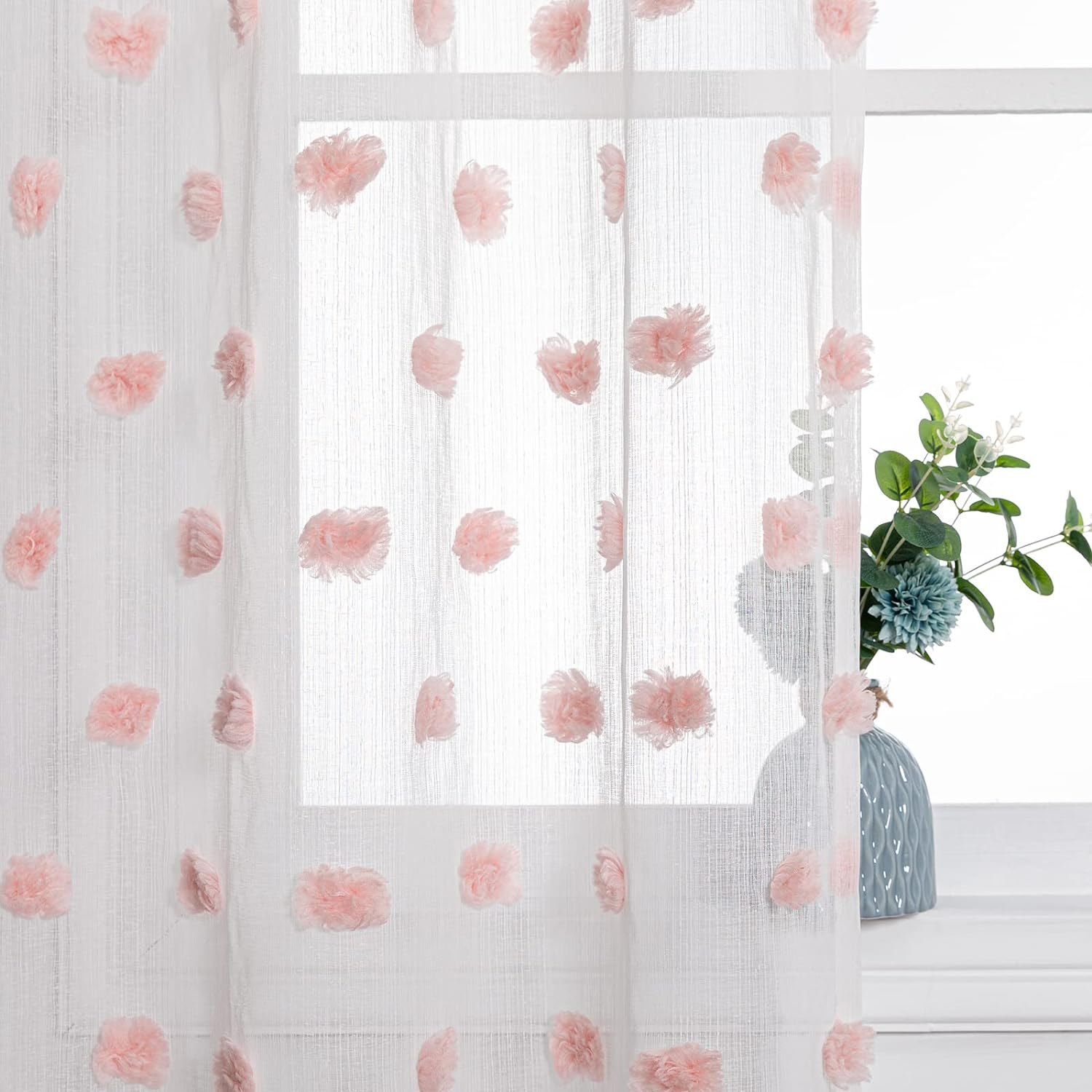 MYSKY HOME Kitchen Curtains 54 Inches Long Short Curtains for Small Window Panels Pink Pom Pom Nursery Curtains for Girls Bedroom Rod Pocket 2 Pieces Boho Voile Drapes 52 x 54 inch Length