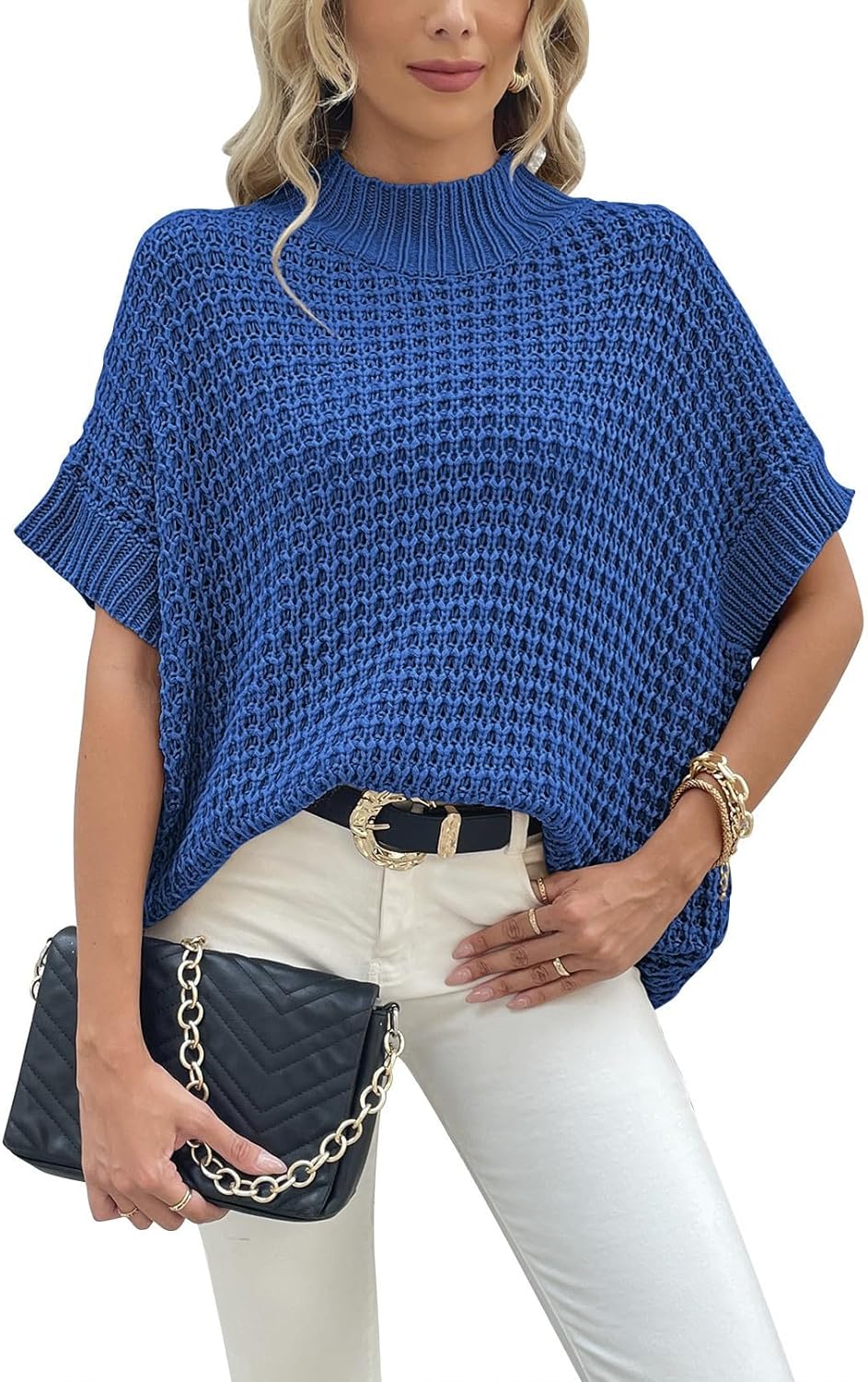 Pink Queen Women's 2023 Fall Mock Neck Sweater Vest Batwing Short Sleeve Oversized Chunky Knit Pullover Jumper Tops