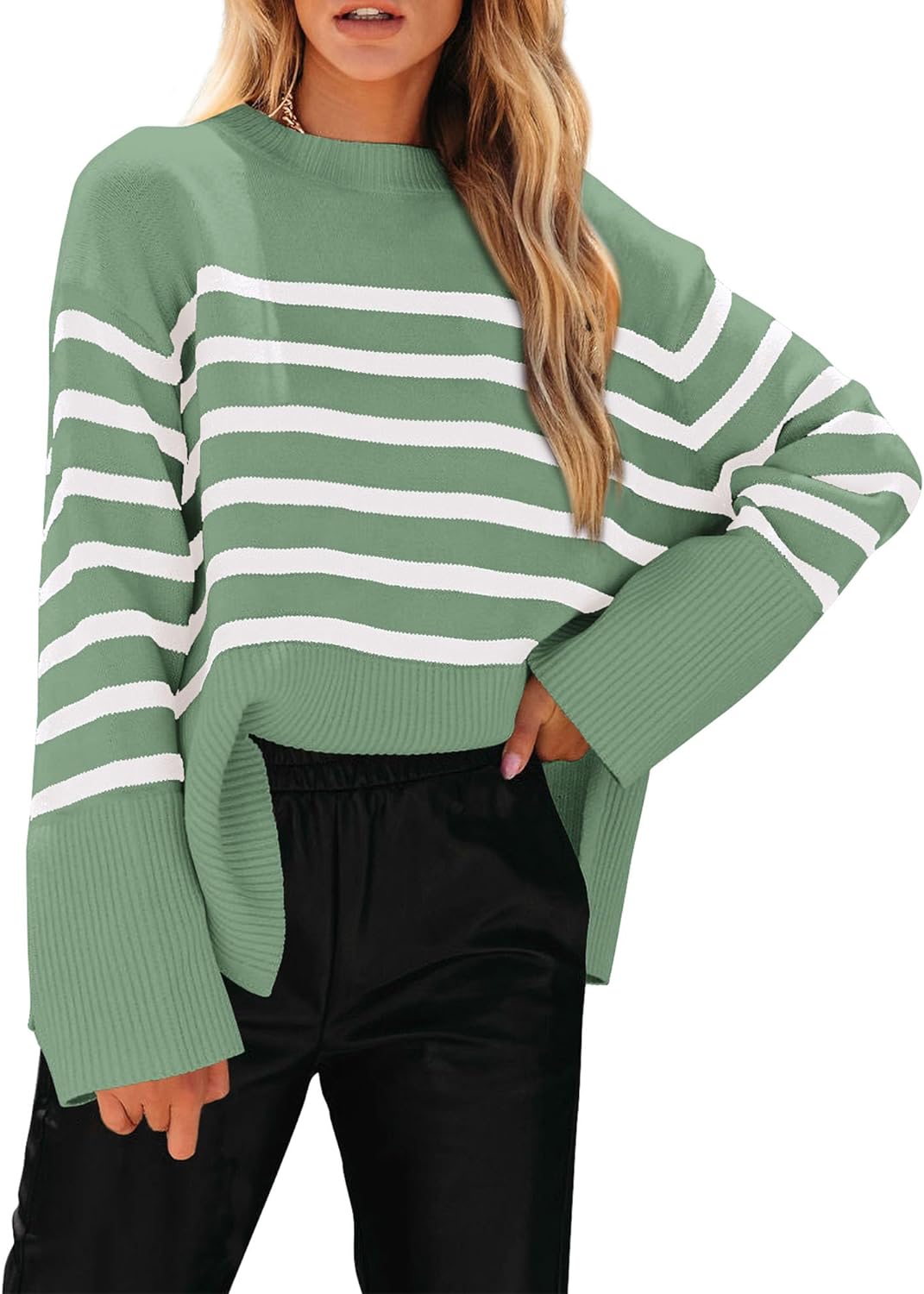 KIRUNDO Women's 2023 Fall Winter Casual Oversized Long Sleeve Striped Sweater Crew Neck Ribbed Knit Side Slit Pullover