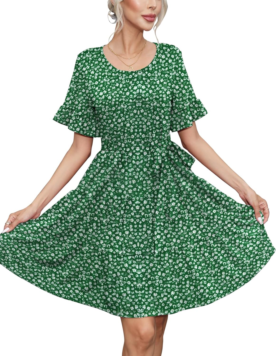 nclook Women's Summer Casual Dress Elastic Skin-Friendly Breathable Fabric Crew-Neck Adjustable Waist Belt with Pockets Black