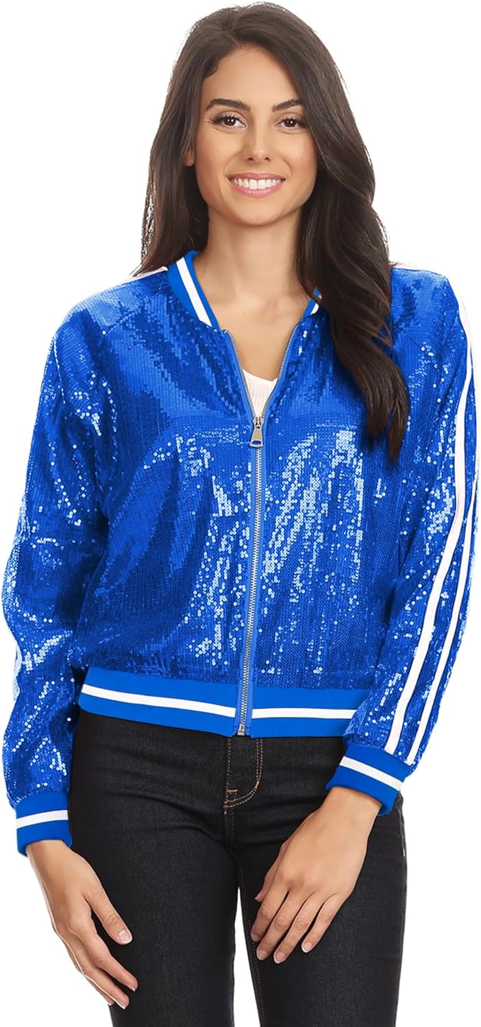 Anna-Kaci Womens Long Sleeve Front Zip Track Stripe Sequin Bomber Jacket