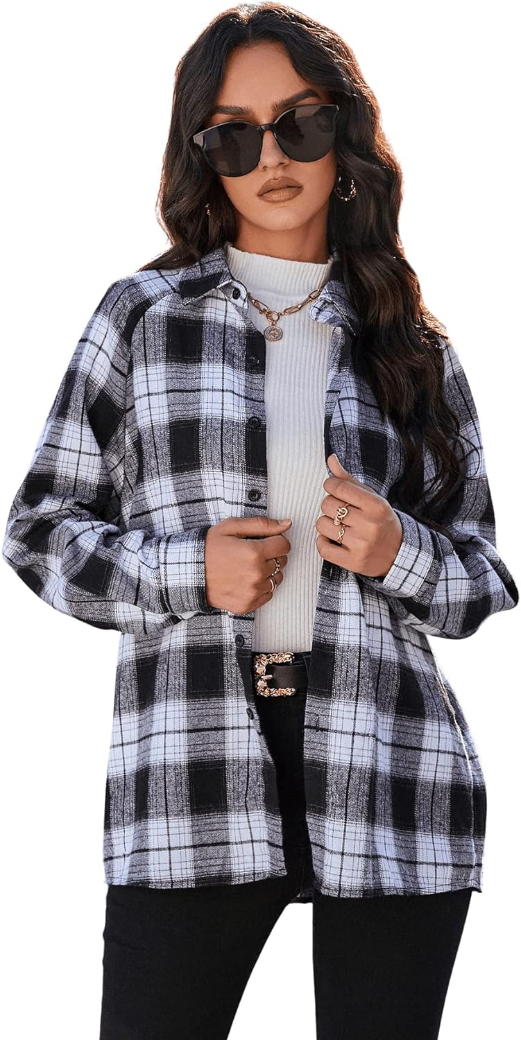 Floerns Women's Casual Long Sleeve Button Down Plaid Shirt Blouse Top